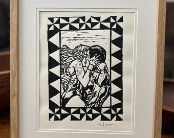 Polynesian Pop Art ALinoprint, Linocut Print, Wall Art, Pacific Art, Pasifika Mythical Lovers Art Print