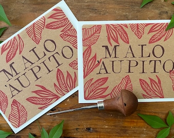 Malo 'Aupito, Thank You Card, Tongan, Polynesian, Pacifica, Pacific Islander, Pasifika, Handmade Card, Handcarved, Handprinted, Leaves