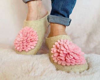 Womens Luxury 100% Wool slippers with Pom-pom flower in arch support insoles, non slip rubber soles, Ready to Ship, home shoes, Gift for her