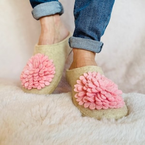 Womens Luxury 100% Wool slippers with Pom-pom flower in arch support insoles, non slip rubber soles, Ready to Ship, home shoes, Gift for her