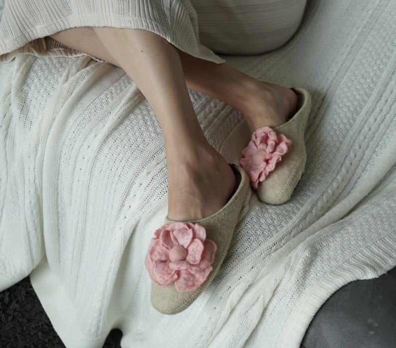 100 Premium Wool Slippers With Pink Flower And Arch Support Etsy