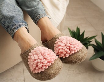 Handmade Boiled Wool Slippers: Pink Flower, Arch Support, Non-Skid Soles, lightweight