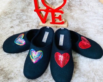 Women’s 100% Boiled Wool slippers with embroidered heart, owl, hummingbird applique, arch support insoles, non-slip rubber soles, Valentine