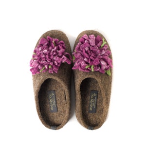 Women&#39;s 100% Premium Wool slippers with arch support insoles and handmade Purple Flower -with rubber soles -scuff home shoes -Gift for women