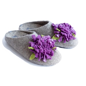 100% Premium Wool slippers for women with arch support insole, Non slip rubber soles, Purple Flower, Ready to ship, Holiday Gift for women