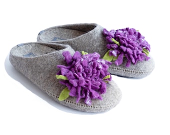 Wool Slippers: Purple Chrysanthemum Flower, Arch Support, Non-Slip Soles