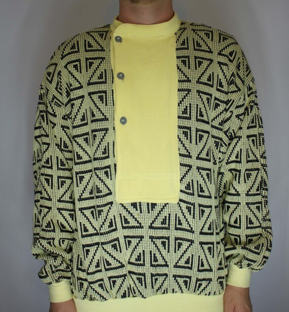 Vintage 80s Tom Taylor Yellow Geometric Button Up… - image 1