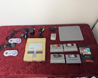Original Super Nintendo SNES System Console Bundle with 2 Controllers, 4 games: Donkey Kong Country Vegas Stakes Mortal Kombat Mario Paint
