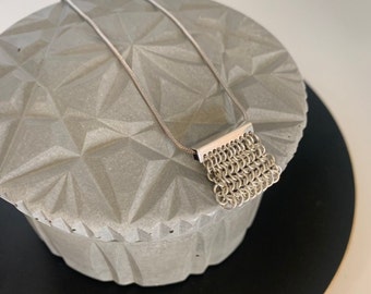 Sterling Silver Square shaped Chainmail  Pendant on Snake Chain. Handmade, Classic, Minimalist design