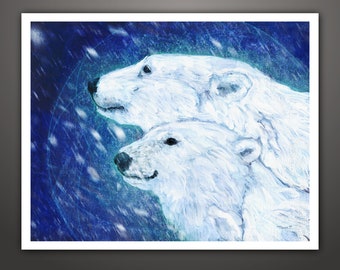 May include: An artistic painting of two polar bears, rendered in shades of white and blue. The bears are depicted in profile against a dark blue background with a snowy effect. The artwork is framed in a white border.