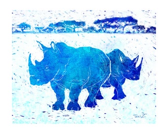 Blue Rhinos, Rhinoceros, Wildlife illustration, Rhinoceros Print, Africa, Wall Decor, Rhino Print, Rhino Painting, Animal Painting