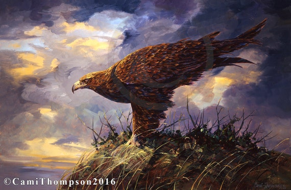 Golden Eagle Pre Flight Dramatic Gorgeous Bold Eagle Art Giclee Print Oversized Oil Painting Canvas Art Wall Decor Interior Design