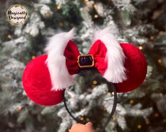 Santa Claus Disney ears, Christmas Minnie Mouse ears, holiday ears, Disney park Christmas ears, velvet Disney ears, Santa belt Mickey ears