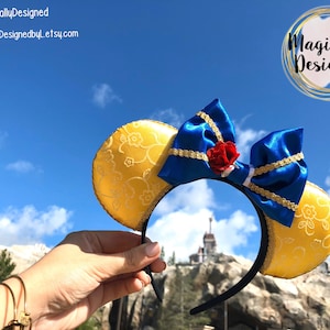 Orejas de La Bella y la Bestia, Bella, Cuento tan antiguo como el tiempo, Orejas de BatB de lentejuelas, Sé nuestro invitado, Orejas de Disney, Minnie Mickey Mouse, Princesa Bella