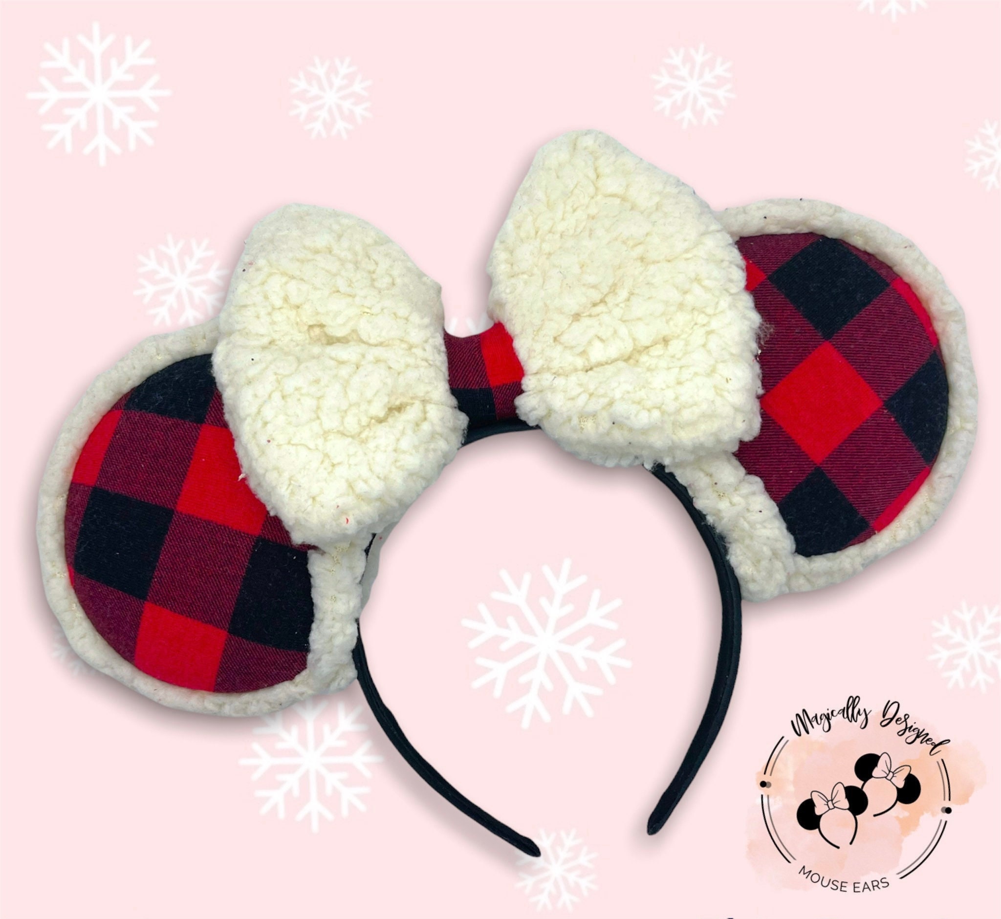 Buffalo Plaid Sherpa Mouse Ears, Christmas Disney Ears  display picture 1