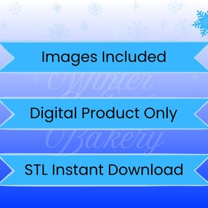 Pu&ograve; includere: Grafica di prodotto digitale con sfondo sfumato blu e dettagli fiocco di neve. Tre banner azzurri mostrano il testo: "Immagini incluse", "Solo prodotto digitale" e "Download istantaneo STL".