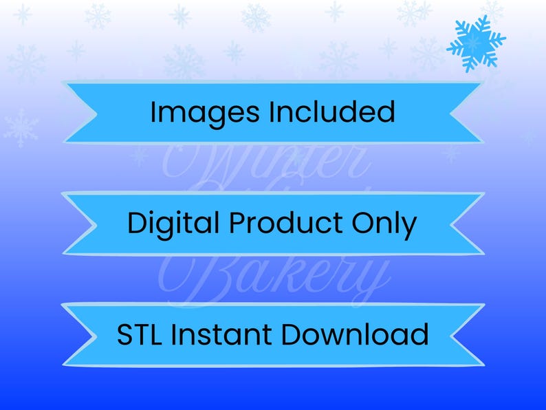 Pu&ograve; includere: Grafica di prodotto digitale con sfondo sfumato blu e dettagli fiocco di neve. Tre banner azzurri mostrano il testo: "Immagini incluse", "Solo prodotto digitale" e "Download istantaneo STL".