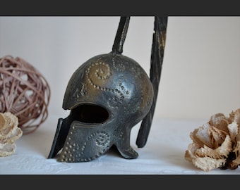 Vintage Roman Gladiator Helmet, Old Cast Brass, Decorative Hammered Design, Art Bell, Trojan Warrior, Galea, Snake Figurative, Ancient Rome