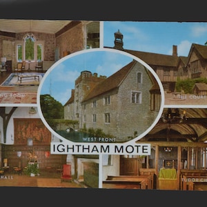Postal vintage de 1960, Kent, Ightham Mote Multi-view, Coloreado a mano, Foso, Historia, Casa señorial, Arquitectura medieval, Inglaterra