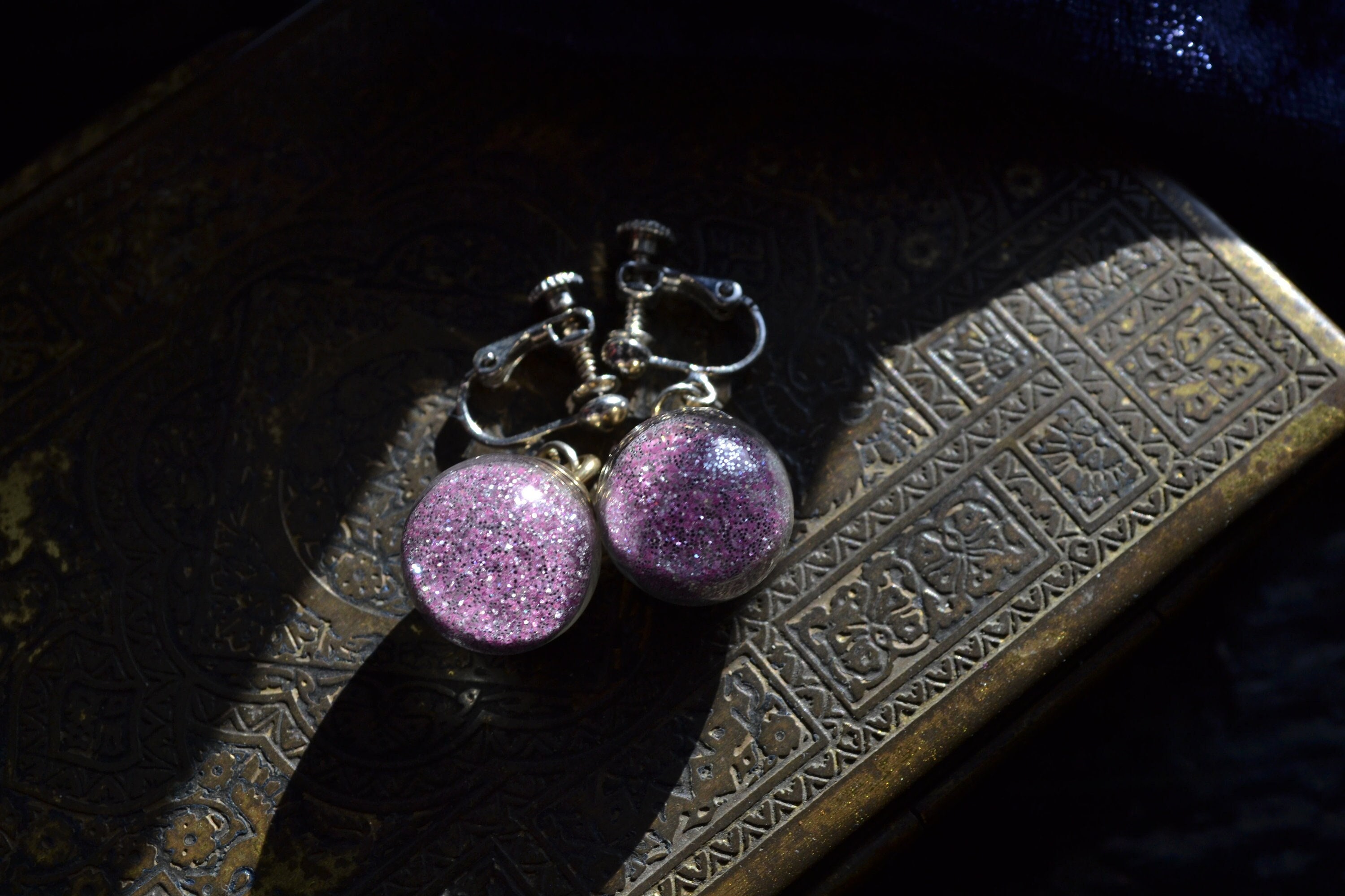 70s Real Glitter, Pink, Globe Ball, Vintage Kolczyki