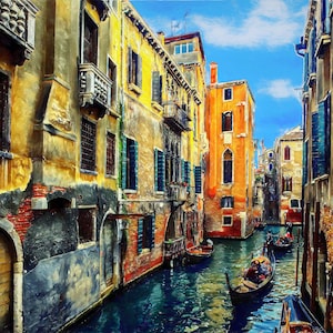 Modern Wall Art - Gondola with tourists in Venice, Italy - 40&quot;x28&quot; Framed Abstract Painting, Limited Edition.