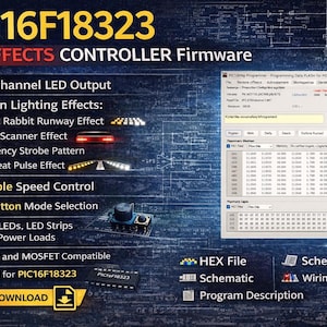 以下が含まれることがあります： PIC16F18323 LEDエフェクトコントローラーファームウェアのプロモーション画像。 10チャンネルLED出力、4つの照明効果、調整可能な速度制御、シングルボタンモード選択などの機能を強調表示します。 デジタルダウンロードオプションが含まれています。