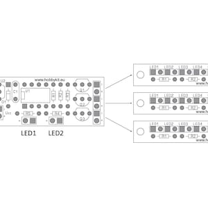 May include: Schematic diagram of an electronic circuit board with various components, including resistors, capacitors, and LEDs. The text "Power supply 9V" is visible. The website address www.hobbykit.eu is also displayed.