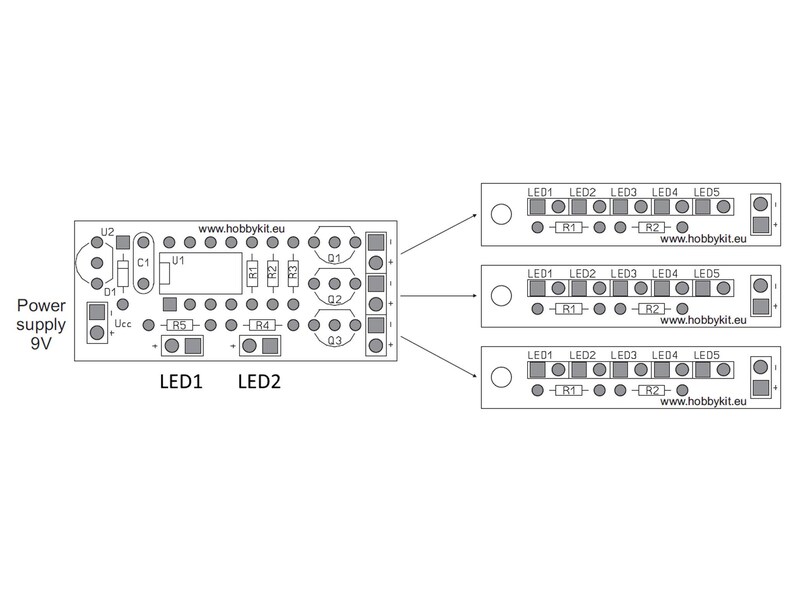 May include: Schematic diagram of an electronic circuit board with various components, including resistors, capacitors, and LEDs. The text "Power supply 9V" is visible. The website address www.hobbykit.eu is also displayed.