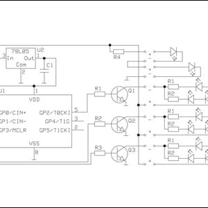 May include: A schematic diagram of an electronic circuit, featuring various components like resistors, transistors, and LEDs. The diagram includes labels such as "78L05" and "U1", with lines and symbols representing connections and functions.