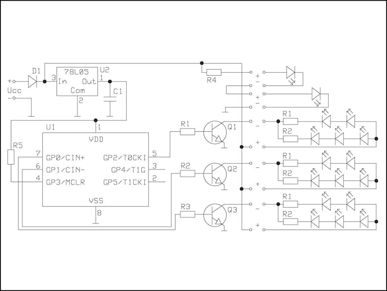 May include: A schematic diagram of an electronic circuit, featuring various components like resistors, transistors, and LEDs. The diagram includes labels such as "78L05" and "U1", with lines and symbols representing connections and functions.