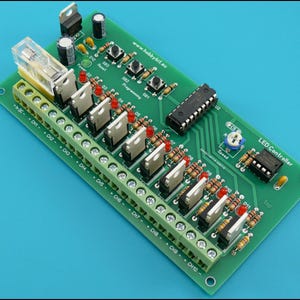 May include: A green circuit board with an LED controller. The board has a row of 10 screw terminals labelled CH1 through CH10. There are also several red LEDs and a small potentiometer labelled "Speed". The text "LED Controller" is printed on the board.