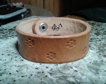 Puppy paw print leather stamped bracelet, handmade