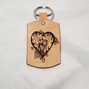 The Corpse Bride Leather Laser Etched Key Chain, made in the USA.