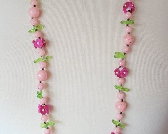 Vintage Long Pink Flower Necklace