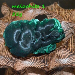 May include: A green malachite stone, weighing 55 grams, on a wooden display stand. The stone has a rough, textured surface and a deep green color.