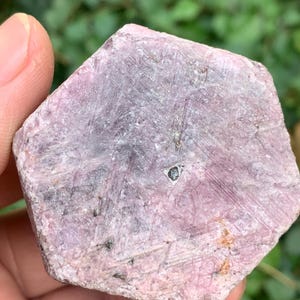 May include: A rough, hexagonal-shaped, pink crystal with a textured surface. The crystal has a network of fine lines and small dark inclusions. The background is a blurred green.