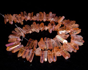 Full Strand Orange Aura Quartz Crystal Quartz Beads/Rainbow Aura Crystal Quartz Beads/Gift for Her/Gift for Mom/Gemstone Necklace