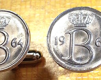 B B gekroonde initialen België Vintage 1964-1975 zilverkleurige Belgische muntmanchetknopen met geschenkdoos