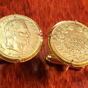 1865 French Empire Napoleon III France 5 Francs Gold Tone Coin Cufflinks + Gift Box!
