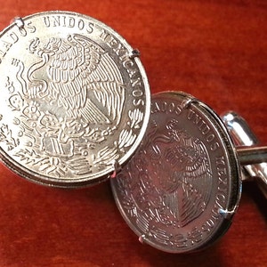 Mexican Golden Eagle on Cactus Killing Snake Mexico Coat of Arms Silver Tone Coin Cufflinks with Gift Box