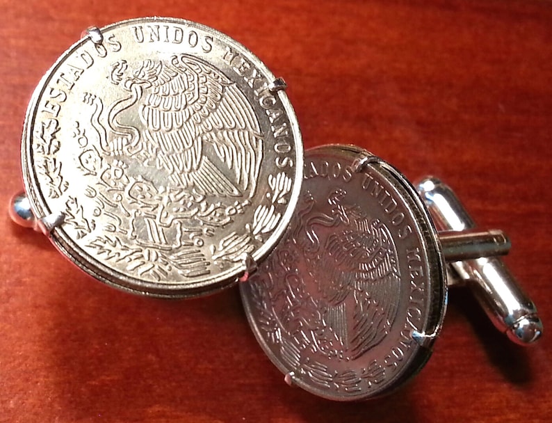 Mexican Golden Eagle on Cactus Killing Snake Mexico Coat of Arms Silver Tone Coin Cufflinks with Gift Box