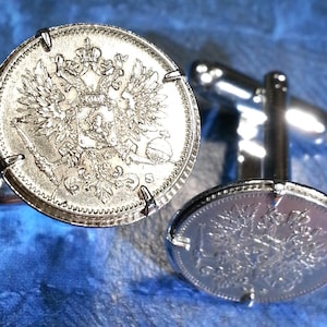 Antique 1894-1917 Imperial Russian Finland Eagle & Lion Coat of Arms Russia Tsar Nicholas II Silver Coin Cufflinks + Gift Box