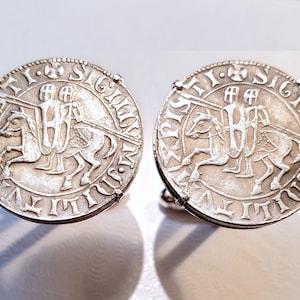 Knights Templar Soldiers of Christ on Horse Denarius Silver Tone Coin Cufflinks + Gift Box!