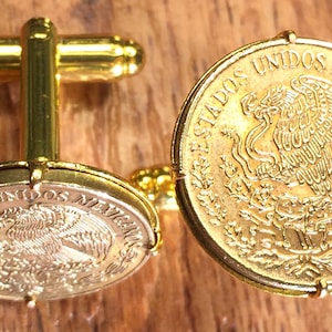 Mexican Eagle Killing Snake Mexico Coat of Arms Gold Tone Brass Coin Cufflinks + Gift Box