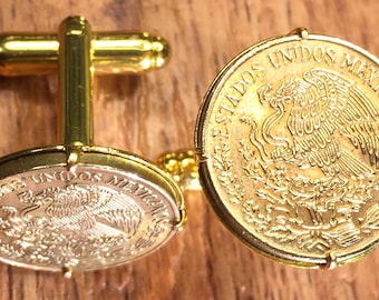 Mexican Eagle Killing Snake Mexico Coat of Arms Gold Tone Brass Coin Cufflinks + Gift Box