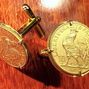 French Rooster 1899 France 10 Francs Gold Tone Souvenir Coin Cufflinks + Gift Box!