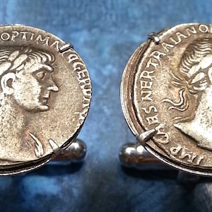 Ancient Roman Warrior Emperor Trajan Silver Tone Rome Coin Cufflinks + Gift Box!