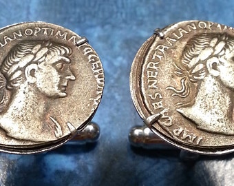 Ancient Roman Warrior Emperor Trajan Silver Tone Rome Coin Cufflinks + Gift Box!