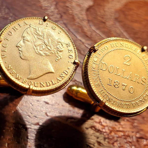 1870 Queen Victoria Canada Newfoundland 2 Dollars Gold Tone Coin Cufflinks + Gift Box