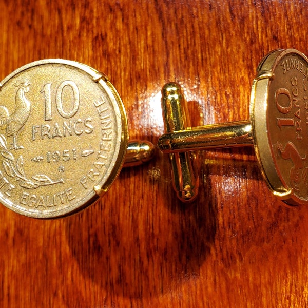 Vintage 1950-59 French Rooster Gold Tone Bronze France Coin Cufflinks + Gift Box